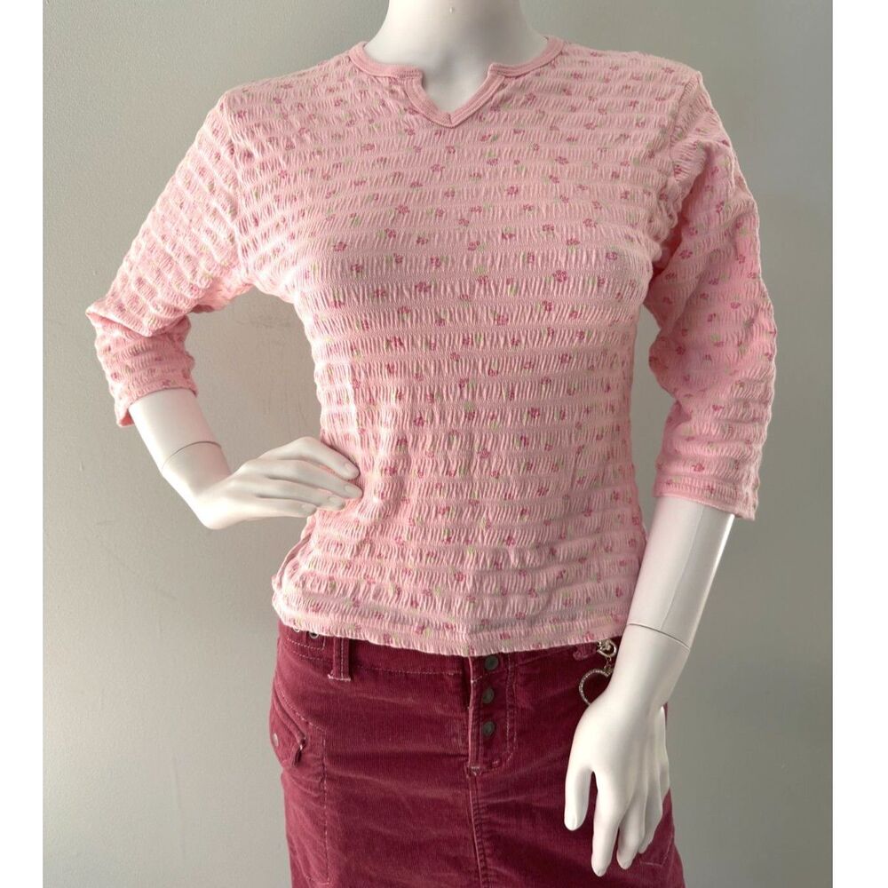 Vintage Y2k Arizona Jeans Light Pink 3/4 Sleeve Baby Tee Shirt size XL 18